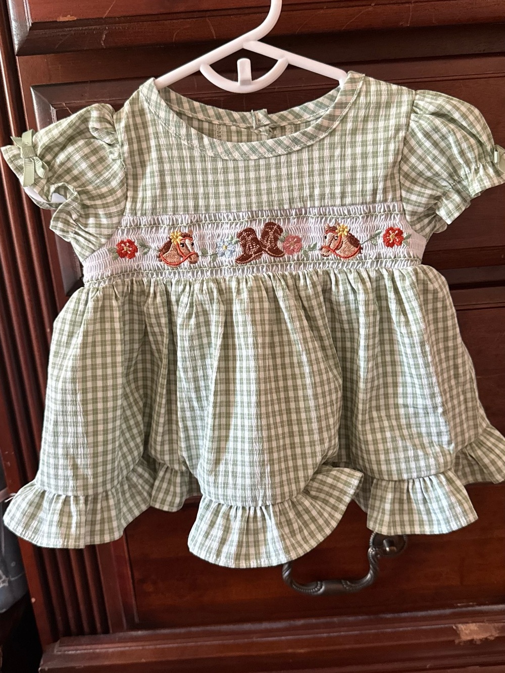 Good Lad Green Gingham Smocked Dress with Animal Motif